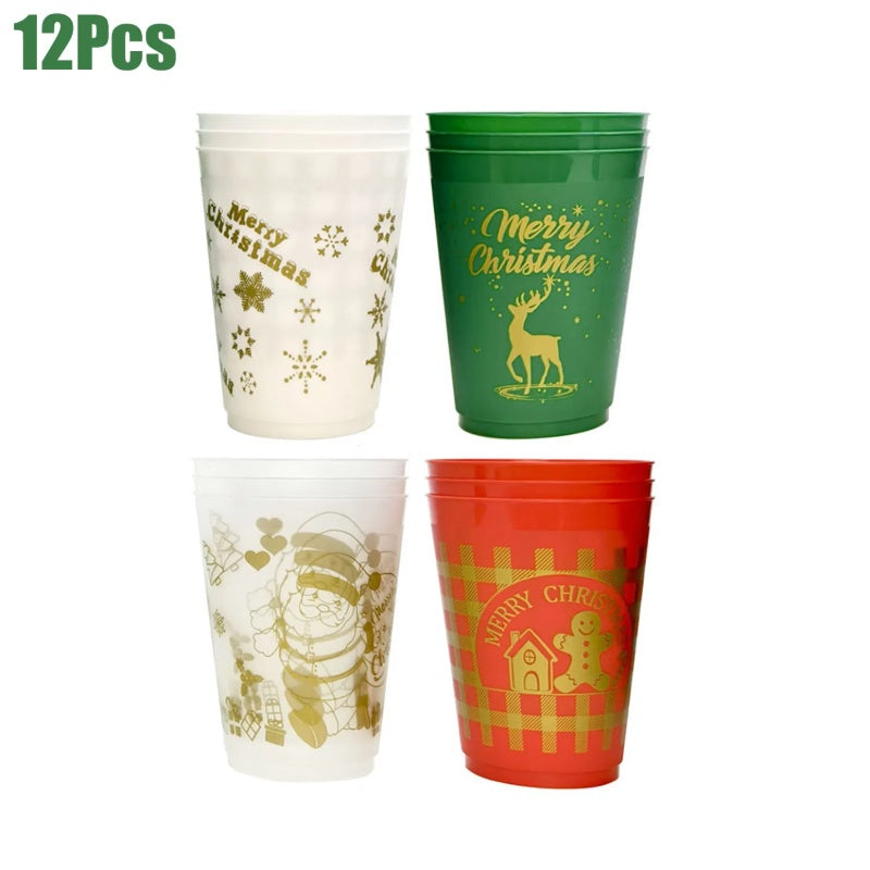 12 Pcs Christmas Plastic Tumblers Gingerbread Man Santa Reindeer Pattern 16 Oz Reusable Drink Cups Cute Beverage Cups For Beer Coffee Tea Xmas Holiday Party Supplies